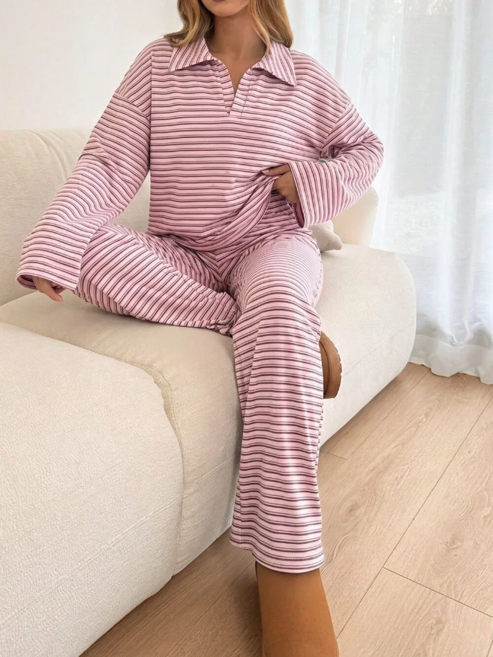Pink Casual Women's Striped V-Neck Drop Shoulder Long Sleeve T-Shirt & Pants Set